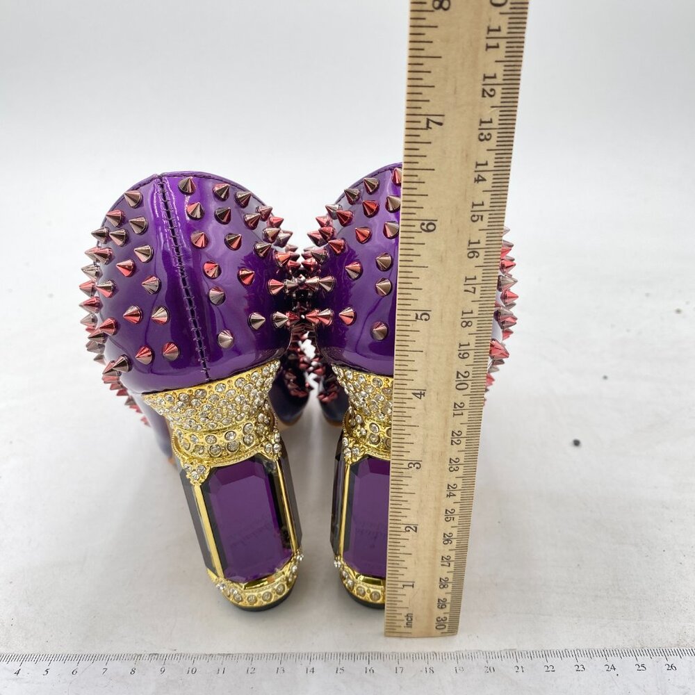 FSJ Blue Purple Rivets Bridal Pointed Toe Chunky Heel Crystal Pumps Dress Shoes - Picture 5 of 8
